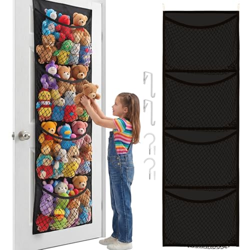 Ofiray-home Over The Door Stuffed Animal Storage, Cotton Toy Organizer for Storage Plush Toys, Stuffed Animal Holder with 4 Large Pockets, Hanging Door Organizer for Nursery, Bedroom (Black) - color: Black, size: Normal