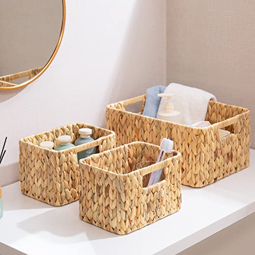 ELONG HOME Wicker Storage Basket, 3 Pack Hand-Knitted Wicker Baskets, Water Hyacinth Storage Baskets with Built-in Handles - color: Hyacinth 3