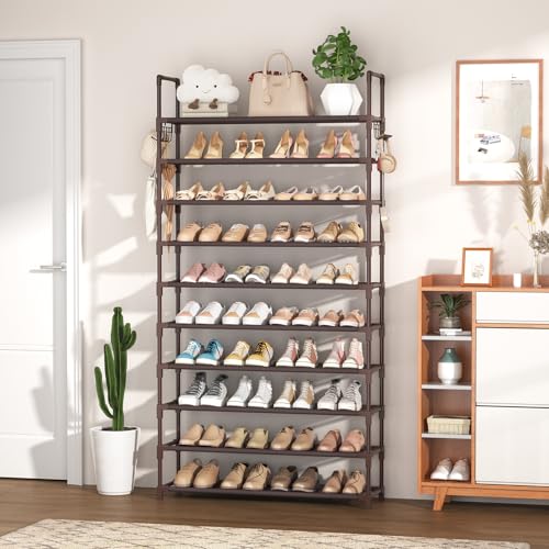 VTRIN 10 Tiers Shoe Rack Tall Large Capacity Wide Shoe Organizer Sturdy Shoe Shelf for Entryway with Two Hooks Metal Shoe Storage for Closet, Bedroom, Brown - color: Brown, size: 32.3" Wide - 10 Tier