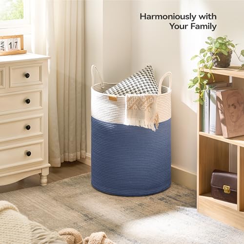 Nunsino Laundry Hamper 95L,Large Laundry Basket for Clothes,Decorative Storage Basket for Blankets,Cotton Rope Woven basket for bedroom,Navy Blue - color: Navy Blue, size: 95L/25.1Gal