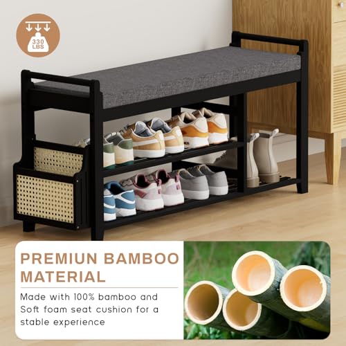 Homaxy 2-Tier Shoe Rack Bench with Side Holder, 39.4 in Bamboo Entryway Bench, Shoe Rack Organizer with Cushion for Front Entrance, Hallway Living Room Bedroom, Black and Dark Grey - color: Black and Dark Grey, size: 39.4 in