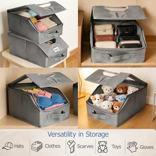 2 Pcs Stackable Baseball Cap Organizer, Washable Foldable Oxford Cloth, Smooth Durable Metal Zipper Hat Storage Holder for Closet, Holds 24 Caps with Large Clear Window, Hat Box for Home Storage - size: Small:12.1X8.7X6.7in