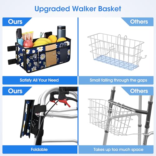 Dotday Upgraded Walker Basket with Cup Holder, Foldable Walker Bag with Large Capacity & Never Tipping Over- Not Fit for Rollator - color: Blue