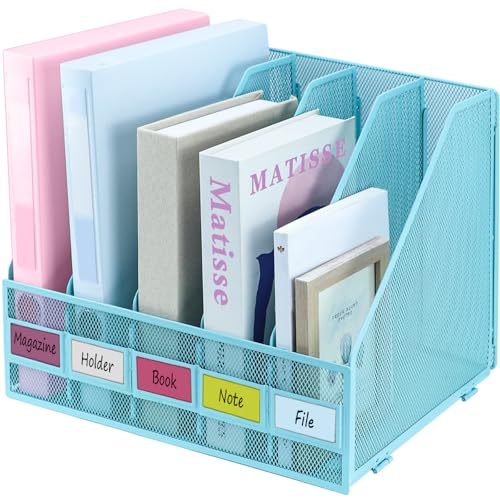 Desk Organizers, Metal Magazine File Holder with 5 Vertical Compartments Rack Binder File Organizer for Office Supplies, Home Workspace - Blue - color: Blue, size: 5 Compartments
