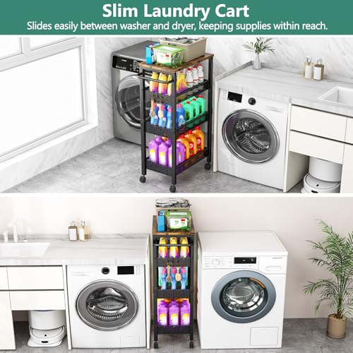 Vivihomety Utility Slim Storage Cart with Wheels, 4-Tier Narrow Rolling Organizer Shelf with Wood Top, Metal Storage Rack and Space-Saving Organizer for Bathroom, Kitchen, Laundry Room, Small Spaces - color: Black, size: 8.1 inch wide