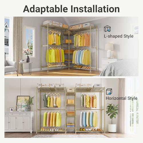 VIPEK X3 Expandable Heavy Duty Clothes Rack Adjustable from 5'2" to 8' with Adjustable Shelves and Hanger Rods, Large Freestanding Clothing Racks Reach-in & Walk-in Closet, Max Load 1210LBS, Gold - color: Gold, size: X3