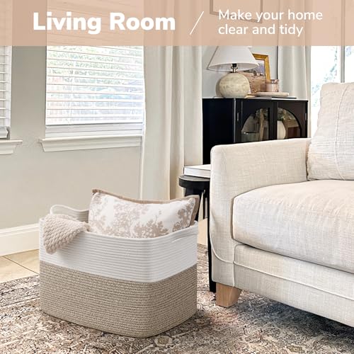 Goodpick Woven Baskets for Organizing, 18" x 14" x 12" Blanket Storage for Living Room Home Decor, Rectangle Toy Storage Basket for Kids, Large Gift Baskets Empty, White & Brown - color: Light Brown, size: 18"L x 14"W x 12"H