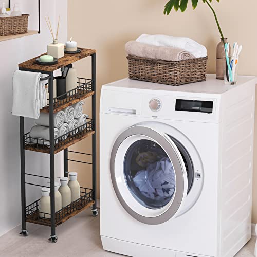 Slim Storage Cart Rolling Kitchen Cart with Wheels Narrow Laundry Storage Utility Cart 4 Tier Bathroom Mobile Shelving Unit Organizer with Wood Tabletop Trolly Cart with Handle for Small Spaces, Brown - color: Brown