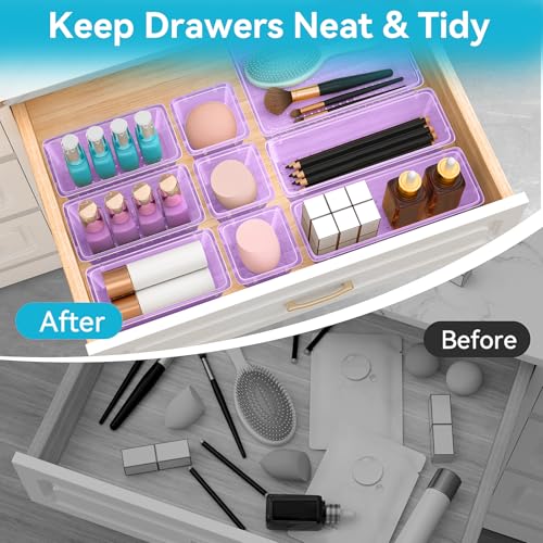 ElegantArray 12-Piece Drawer Organizer Set, 4 Sizes Versatile Plastic Vanity Organizer for Makeup, Stationery, Gadgets, in Kitchen, Bathroom, Office, and Bedroom, Purple - color: Purple, size: 12 PCS