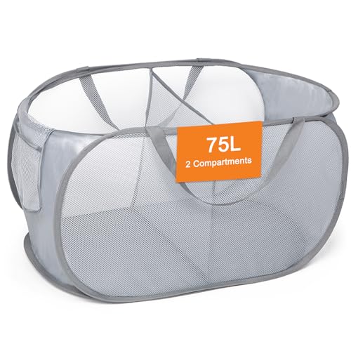 Sturdy Collapsible Laundry Baskets, Foldable Pop Up Laundry Hamper, Durable 2 Compartments Laundry Basket, Handy Pocket & Easy to Sort Clothes Hampers for Laundry, Dorm, Kids Room, Travel Grey - color: Gray, size: 2 Compartments