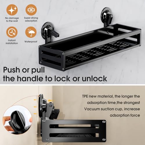 Shower Caddy Suction Cup, 15.7 inch 2 Pack Suction Shower Shelf with Hooks NO-Drilling Bathroom Holder, Rustproof Bathroom Organizer, Black,Includes 2 Extra Suction Cups for Replacement Use - size: 15.7 inches(2-Pack US)