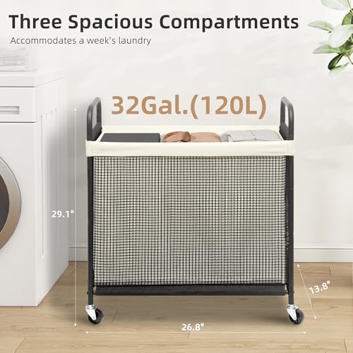 STORAGE MANIAC Rolling Laundry Hamper with Wheels 3-Section Laundry Sorter Rolling Laundrys Basket on Wheels with Removable Bag Clothes Hamper Laundrys Organizer Cart Bathroom Bedroom 120L Beige - color: Beige, size: 3-Section