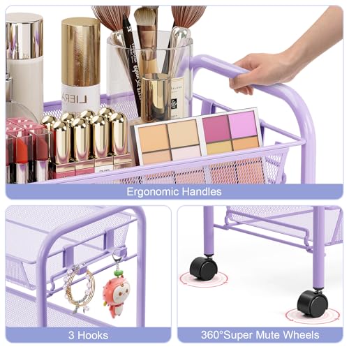 TOOLF 3-Tier Metal Rolling Cart, Mesh Wire Easy Assemble Utility Cart, Storage Trolley on Wheels with 3 Hooks, MetalStorage Shelving Units for Kitchen Bathroom Laundry Room - color: Purple, size: 3-Tier