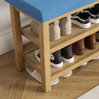 2 Tier Shoe Rack Bench with Cushion, Rubberwood Shoe Benches, Mid-Century Modern Shoe Storage Bench for Entryway, Hallway, Living Room, Closet, Front Door Entrance, Blue - color: Blue