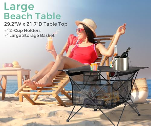 Lightweight Camping Table - Portable Folding Beach Side Table w/2 Cup Holders & Large Storage Basket, Compact Fold for Tailgate Travel Outdoor Fishing Picnic | 29.2" W x 21.7" D (Black) - color: A: Black