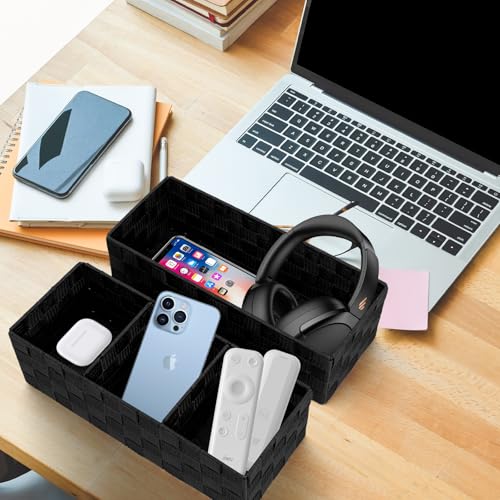 Drawer Organizer, Cube Baskets for Storage Shelves, Handmade Small Woven Basket, Shallow Storage Bins for Organizing Desk, Dresser, Kitchen, Pantry, Nested 7 Pack, Black - color: Black