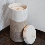 Toilet Paper Holder Handmade – Woven Cotton Toilet Paper Stand & Storage Basket with Lid, Freestanding Organizer for Bathroom, Fits 3 Mega Rolls Gradient Brown 14'' x 7'' - color: Gradient Brown