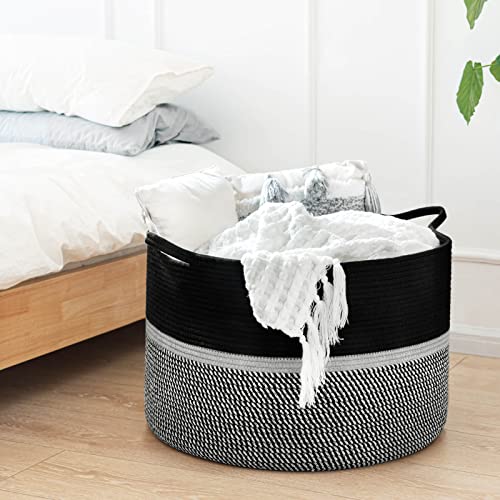 CHICVITA Extra Large Laundry Basket, Woven Rope Blanket Basket for Towels, Clothes, Toy Storage, Pillow Basket for Living Room, Family Room, 22 x 22 x 14 inches, Black - color: Black and Gray