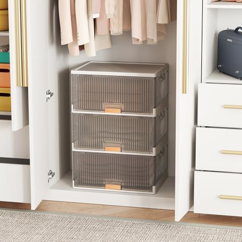 Giantex 3 Tier Stackable Storage Bins with Lids, 13.5 Gal Foldable Shoe Storage Box with Detachable Wheels & Flip-Up Doors, Collapsible Closet Organizers and Storage Bins - size: 13.5Gal-3Pack