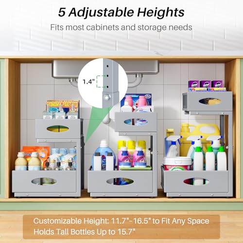 Under Sink Organizer, 1-Pack Pull Out Cabinet Organizer 2 Tier Metal Slide Out Storage Shelf Rack, L-Shaped Adjustable Height,Mesh Sliding Drawer for Kitchen, Bathroom, Laundry, Pantry, Grey, XL - color: Grey, size: 1-Pack (XL)