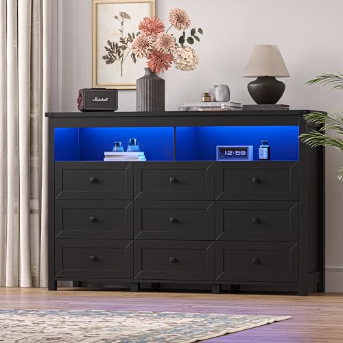 Dresser for Bedroom with 9 Drawers, Wide Modern Chest of Drawers with LED Light and Power Outlet, Wooden Closet Organizer Clothes Storage Cabinet, Double Dressers for Living Room, Hallway, Black - color: Black, size: 15.8"D x 59.1"W x 39.4"H (9 Drawers)