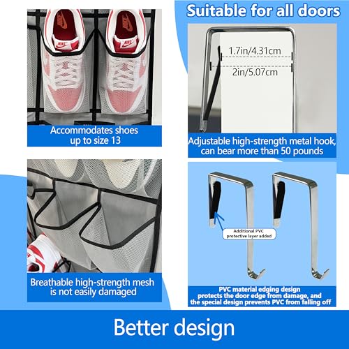 over the door shoe organizer,2025 upgraded,shoe organizer,35 Huge pockets,over door shoe organizer,Store size 13 shoes,shoe organizer,Strong material,hooks Suitable for various doors,Grey/black - color: Grey/black, size: 71'' x 25.4''/Pack of 1