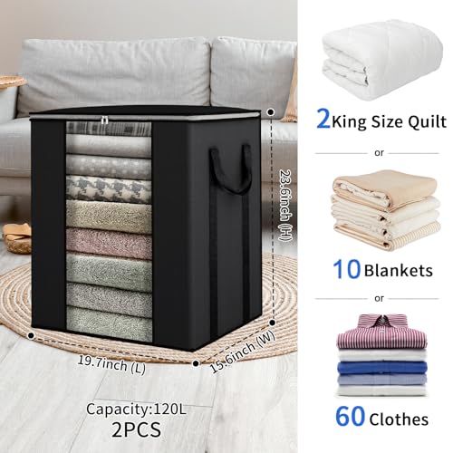 Fixwal Blanket Storage Bags with Zipper Large Storage Bins with Lids 120L 2 Pack Comforter Storage Bags with Reinforced Handles Clothes Storage Containers for King Comforter Bedding Pillow Sheet Black - color: Black, style: 2pcs