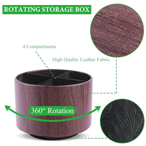 Round Leather Art Supply Organizer,Remote Control Holder,360 Degree Spinning,Multi-Functional Pencil Holder,4 Compartments Desktop Stationary Organizer(1-Thin Wood Dark Brown) - color: 1-Thin Wood Dark Brown