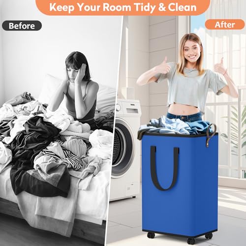 SpaceTrove Laundry Basket with Wheels, Collapsible Laundry Baskets, Laundry Hamper with Handles Detachable Wheels, Rolling Laundry Basket, Dirty Clothes Hamper for Bathroom, Dorm, Bedroom, Blue, 80L - color: Blue, size: 80L