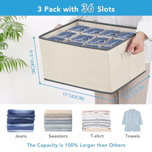 3 Pcs 12 Cell Large Size Pants Organizers for Clothes, Jeans, Sweater, T-shirt, Dress Stackable for Wardrobe Closet Drawer Organizer Storage Bin Container, Beige - color: Beige