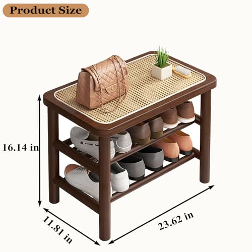 Bamboo Shoe Rack Bench with Rattan Seat, 3-Tier Shoe Storage Bench, Entryway Bench for Hallway Walnut-23.62 inches - color: Walnut, size: 23.6 inch