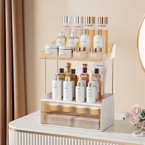 Delamu Bathroom Organizers and Storage, 2 Tier 2 Drawer Makeup Organizer Countertop, Easy to Install, Ideal for Bathroom Counter, Vanity, Ideal for Women Girls, Amber 2Pack - color: Amber, size: 2Drawers 2 Pack