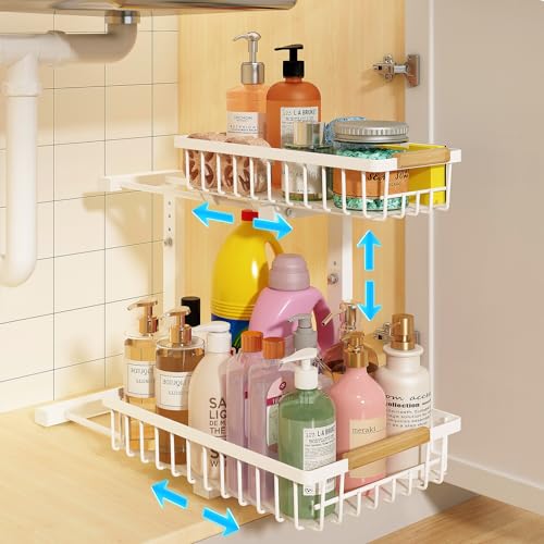 REALINN Under Sink Organizer, Height Adjustable Under Sink Organizers and Storage, 2 Tier Pull Out Drawer Cabinet Storage for Kitchen Bathroom, 1 Pack, White - color: White, size: 1 Pack