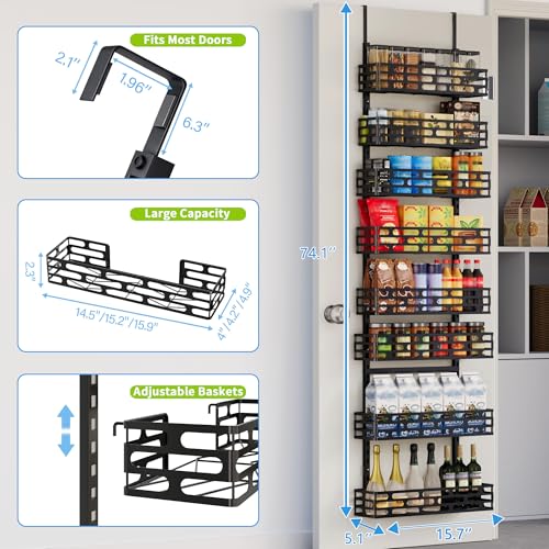 8-Tier Over The Door Pantry Organizer, Metal Pantry Organizers and Storage with Adjustable Basket, Spice Rack Seasoning Shelves for Home & Kitchen, Laundry Room Bathroom, Black - color: BlackOpenwork, size: 8-Tier