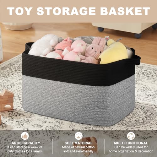 Extra Large Laundry Basket, 95L Blanket Basket for Living Room, Cotton Rope Toy Storage for Kids, Woven Storage for Clothes, Towels, Pillows, 24" x 17" x 14", Pink and White - color: Black & Grey, size: 24"x16.9"x14.2"