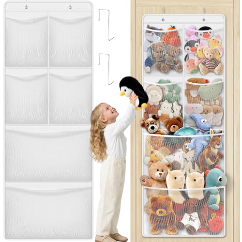 SpaceHacks Stuffed Animal Storage - Large Over the Door Organizer with 6 Expandable Mesh Pockets & Metal Hooks, Non-Woven Fabric Hanging Plush Items Holder for Nursery, Bedroom, Playroom (White) - color: White