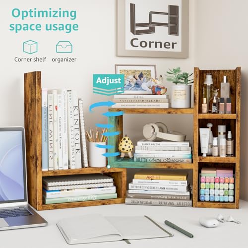 NUTIKAS Desk Shelves Desktop Organizer Shlef - Rustic Office Organization for Top of Desk Organizers and Accessories Corner Bookshelf Table Top Shelving Small Hutch Decorations for Office - color: Rustic