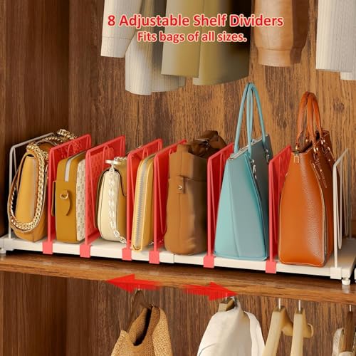 Dmevkic Extendable Purse Organizers Purse Storage. Length 15-27inch. Bag Organizer Purse Holder for Closet with 8 Adjustable Shelf Dividers（White） - size: Range (15–27")