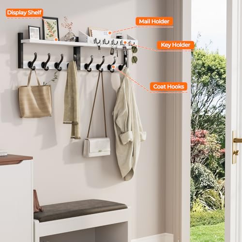 Evermagin 35" Coat Rack Wall Mount with Shelf, 4 in 1 Coat and Key Hanger with 13 Metal Hooks, Entryway Wall Mounted Shelf with Mail Holder for Living Room, Bedroom, White - color: White, size: 35 Inch