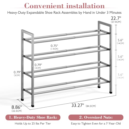 Bumusty 4-Tier Expandable Shoe Rack for Closet, 18“-33” Adjustable Shoe Rack for Small Space, Small Shoe Organizer for Front Door, Sturdy Metal, Light Grey - color: Light Grey, size: 4-Tier