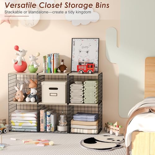 Hencawima 4-Tier Stackable Closet Organizers and Storage, Dual-Layer Reinforced Clothing Cube Shelves with Wood Tops, Sturdy Clothes Storage Bins & Shelf Basket for Wardrobe, Closet Organizer System