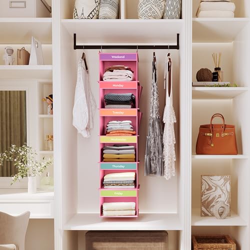 YOUDENOVA 6-Shelf Weekly Hanging Closet Organizer, Weekly Clothes Organizers for Kids with 2 Side Pockets, Pink - color: Pink