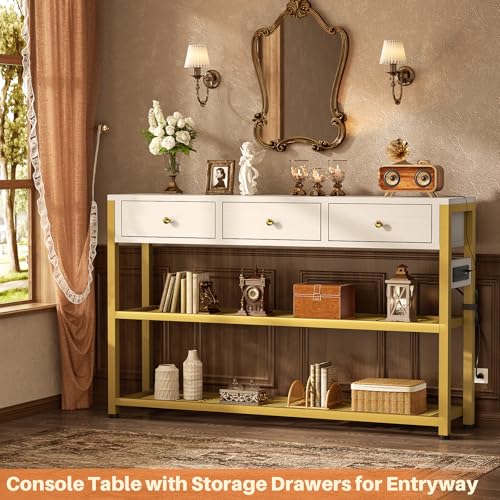 Ecoprsio 47'' Entryway Table with Outlets and USB Ports, Console Table with 3 Drawers, Sofa Table Narrow Long with Storage Shelves for Living Room, Couch, Hallway, Foyer, White and Golden - color: White and Golden, size: 47-In