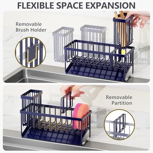 Cisily Navy Blue Sink Caddy Organzier with High Brush Holder, Sponge Holder for Sink, 304 Rustproof Stainless, Kitchen Countertop Soap Dispenser Organizer, Gray Blue Kitchen Decor and Accessories - color: Navy Blue, size: 9.25″