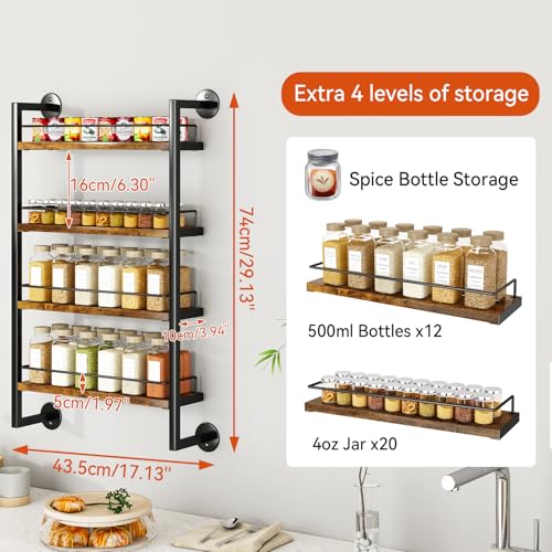 IBUYKE Spice Rack Wall Mount,4 Tier Hanging Seasoning Organizer,Large Spice Rack for Wall for up to 50 Jars,Spice Organization for Kitchen Cabinet,Bathroom,Pantry,Living Room,Brown TLJ016H - color: Rustic Brown