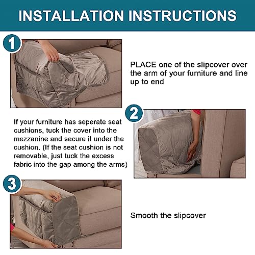 Velvet Quilted Armrest Covers - Water-Resistant Sofa Arm Protectors Set of 2 with Side Pocket Organizer, Non-Slip Furniture Covers for Chairs & Couches (Taupe) - color: Taupe