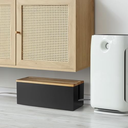 Large Wood Cable Management Box - Cable Organizer Box - 2 Open Slots Cords Hider Box - Under Desk Cord Organizer for Power Strip Extension Cord Surge Protector Charger Wire, Black - color: Black, size: Large