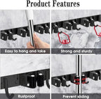 Black 5 Racks and 4 Hooks Mop and Broom Holder Wall Mount, Broom Organizer Storage Tool Racks Stainless Steel Heavy Duty Hooks Self Adhesive Solid Non-slip for Home Kitchen Garden Laundry Garage - color: 5 Racks & 4 Hooks (Black) - 1 Pack