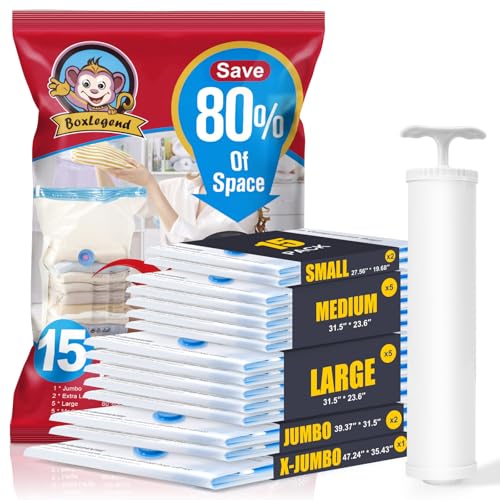 BoxLegend Vacuum Storage Bags with Large Hand Pump 15 Combo (1X-Jumbo, 2 Jumbo, 5 Large, 5 Medium, 2 Small) Thickened Vacuum Seal Bags for Clothing Pillow Comforters Bedding,1 Large Pump - size: 15 Combo