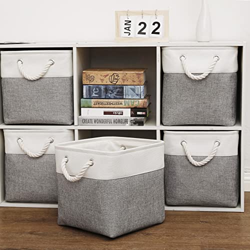Cube Storage Bins, 6 Pack Collapsible Fabric Storage Cubes, 11 Inch Cube Organizer Bins with Handles (White/Gray) - color: white grey